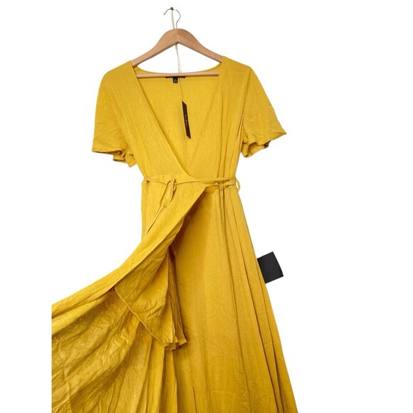 Lulus Womens Small S Mustard Wrap Flutter Sleeve Flowy Belted Maxi Dress NWT - Picture 6 of 16